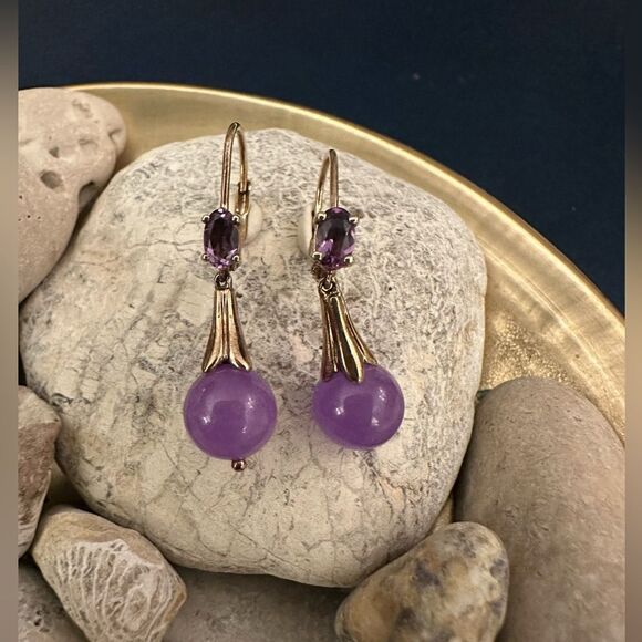 Lavender Jade and AmethystSetnin Sterling with Gold Overlay Earrings - Picture 2 of 6